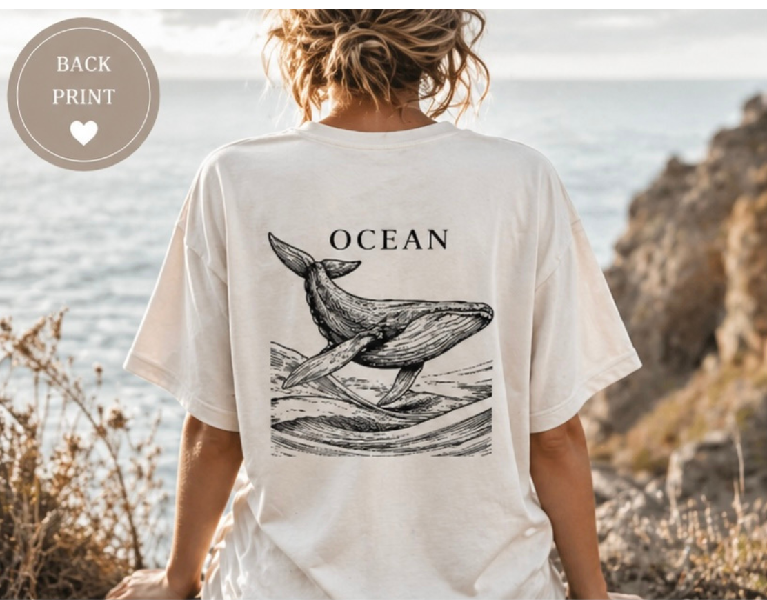 Minimalistisches Ocean T-Shirt – Wal Rückenprint, Unisex Streetwear Shirt, Whale Graphic Tee, Geschenk für Meeresliebhaber