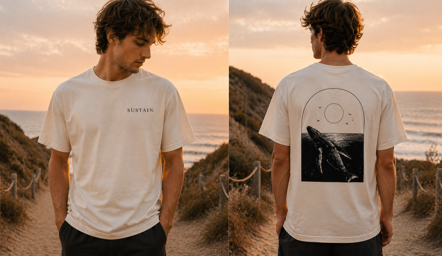 Minimalistisches Ocean T-Shirt – Wal Rückenprint, SUSTAIN Brustlogo, Unisex Streetwear Shirt, Geschenk für Meeresliebhaber