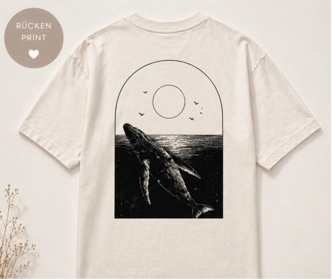 Minimalistisches Ocean T-Shirt – Wal Rückenprint, SUSTAIN Brustlogo, Unisex Streetwear Shirt, Geschenk für Meeresliebhaber