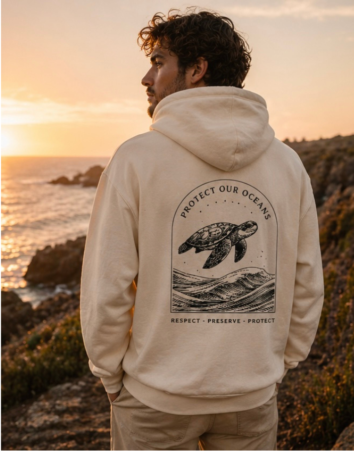 Minimalistischer Ocean Hoodie – Schildkröte Rückenprint, Nachhaltiger Hoodie, Unisex Streetwear, Protect Our Oceans