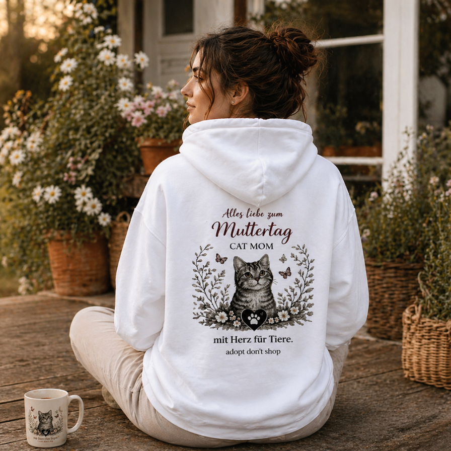 Cat Mom Hoodie Muttertag Geschenk, Katzenliebhaber Hoodie Damen, Back Print Hoodie, Adopt Don’t Shop, Geschenk für Katzen Mama